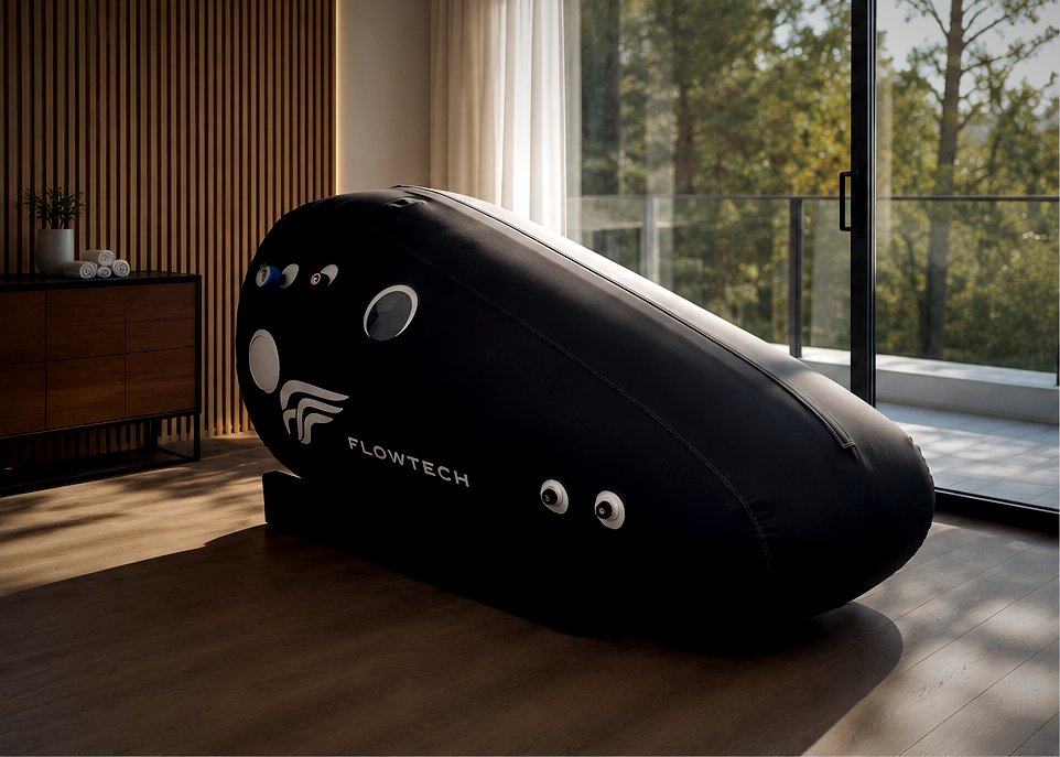 Cámara hiperbárica FlowTech en una sala minimalista con vistas al bosque