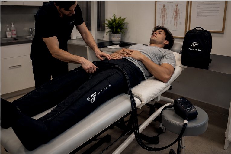 Sesión de presoterapia clínica supervisada por un fisioterapeuta